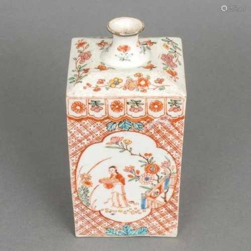 Rectangular porcelain tokkuri, or sake bottle, with 'Amsterdam bont' motif: alternating scenes of