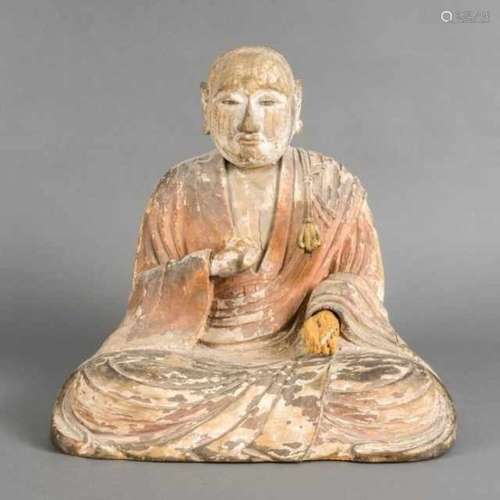 Polychrome wooden statue with glass eye inlay: portrait of a monk, presumably Kôbô Daishi, Japan,