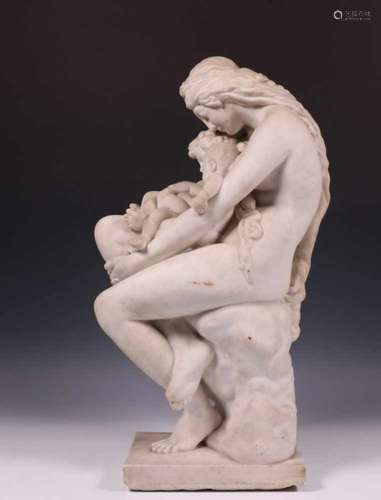 Petrus de Leeuw (1833-1909), marmeren sculptuur;Eva met Kaïn en Abel, de eerste wieg,; h. 55, 16 x