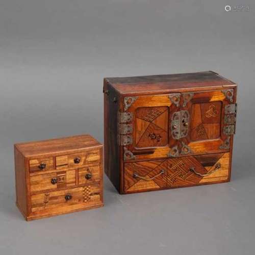 Two wooden yosegi miniature cabinets, Japan21