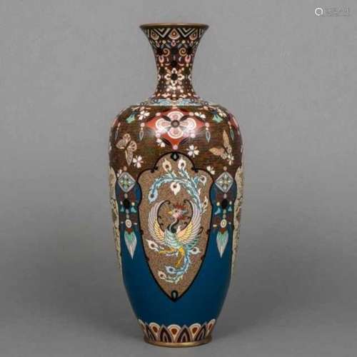 Cloisonné vase decorated with phoenixes and flowers in petal-shaped cartouches, Japan, not signed,