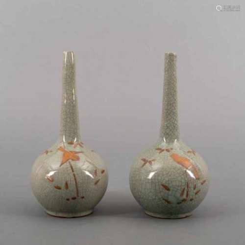 Pair of crackled celadon bottle vases with partially gilded brown lacquer motif of sparrows