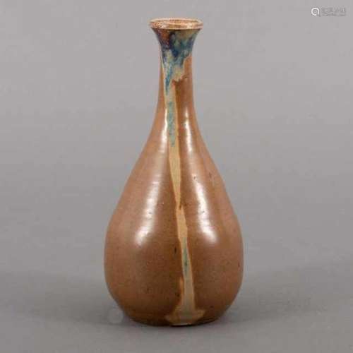 Takatori ware bottle vase with brown glaze and a vertical blue and beige glazed stripe, Japan,