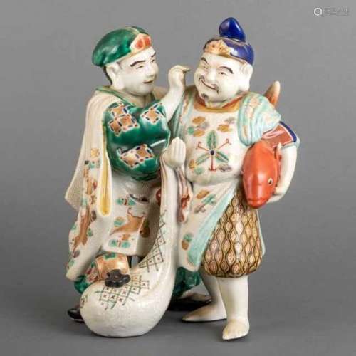 Porcelain Kutani sculpture with polychrome enamel: Ebisu en Daikoku, Japan, second half 20th century