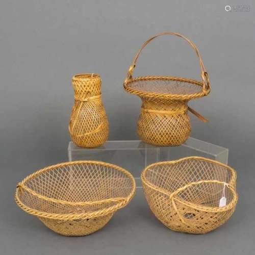 Four woven bamboo objects: three baskets with handle and one vase, Japan, not signed, modern