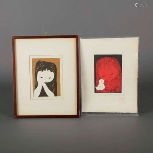 Kaoru Kawano (1916-1965), two woodblock prints: girl with her hands clasped together, and girl