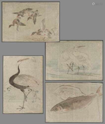 Japanese School: four woodblock prints of animals: flounder and carper, crane, two herons, and