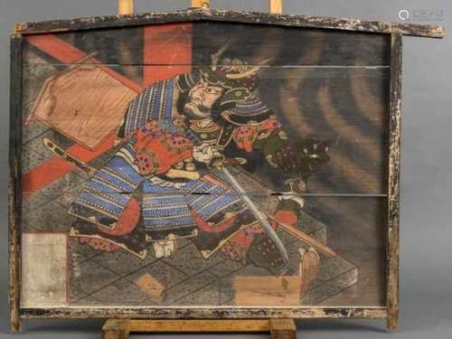 Large framed ema with a polychrome painting of a samurai, Japan -many defects-50 x 63