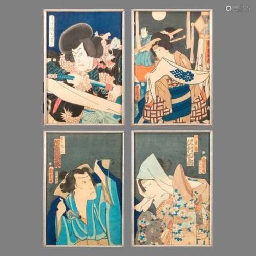 Four Japanese woodblock prints: left and middle print of a triptych from Toyohara Kunichika (1835-