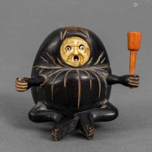 Blackened wooden karakuri Kobe toy: Daruma, Japan, around 1900 -one red baton missing-5