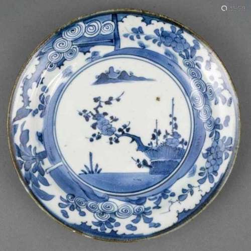 Small blue and white Arita porcelain plate decorated with a blossom branch, Japan, not signed,