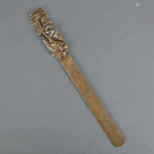 Bronze letter opener, the hilt with inlaid mixed metal motif in the shape of two cranes, the back