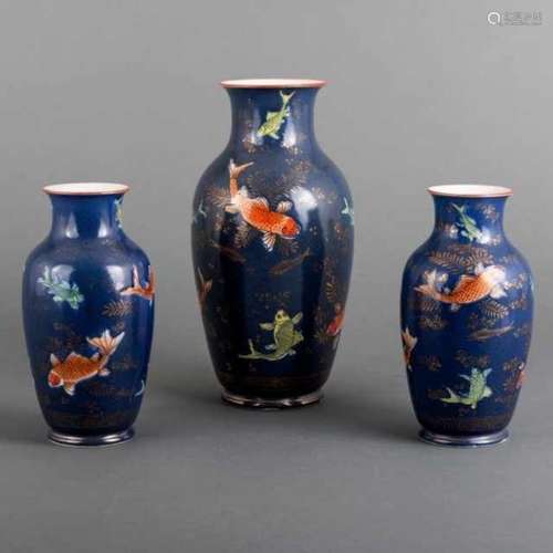 Three Satsuma vases with koi motif on a blue base, Japan, marked, second half 20th century