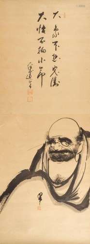 Kakejiku: Daruma accompanied by kanji, Japan, sumi on paper, both kanji and Daruma signed and