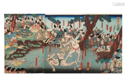 UTAGAWA KUNIYOSHI (1797 - 1861). Oban triptych, depicting the sumo match at Mt. Akazawa, two