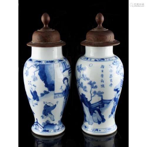Property of a lady - a pair of Chinese blue & white baluster vases, Kangxi period (1662-1722), one