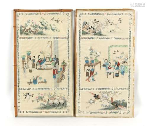 A pair of Chinese paintings on silk, early 20th century, each with a central panel depicting