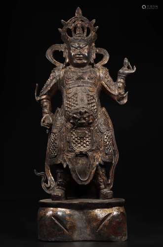 MING BRONZE GILT LACQUERED FIGURE OF GUANDIAN