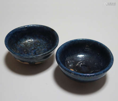 PAIR OF BLUE GLAZED POTTERY BOWLS