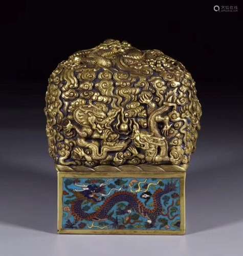 GILT BRONZE CLOISONNE DRAGON SQUARE SEAL