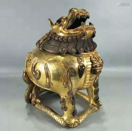 CHINESE GILT BRONZE LION CENSER