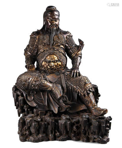 LARGE GILT BRONZE FIGURE OF GUANDI ON ZITAN BASE.