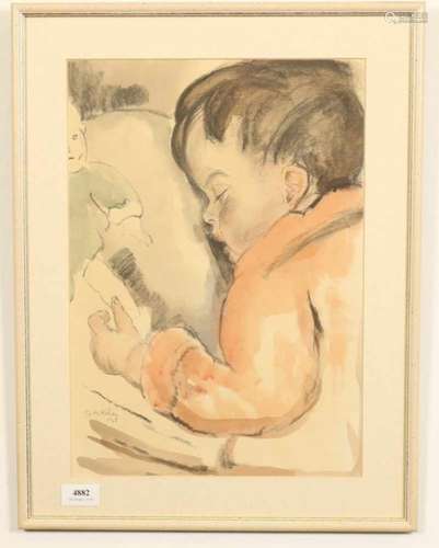 Toon Kelder (1894-1973)Slapend jongetje; houtskool en aquarel; 40 x 29 cm.; gesign. l.o., '28; 1100