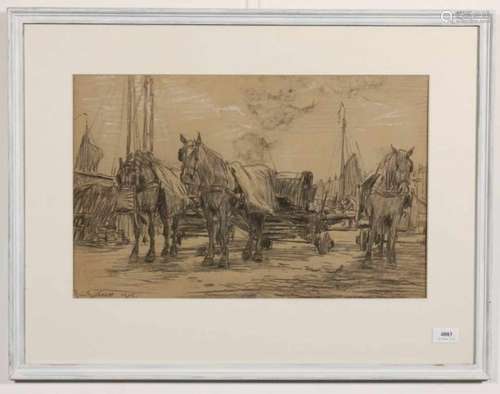 Hendrik Schaap (1878-1955)Paarden op een kade; houtskool en pastel; 32 x 50 cm.; gesign. l.o., 1905;