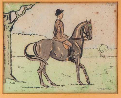 Gesigneerd LCvHMan te paard; inkt en aquarel; 22 x 27 cm.; 180