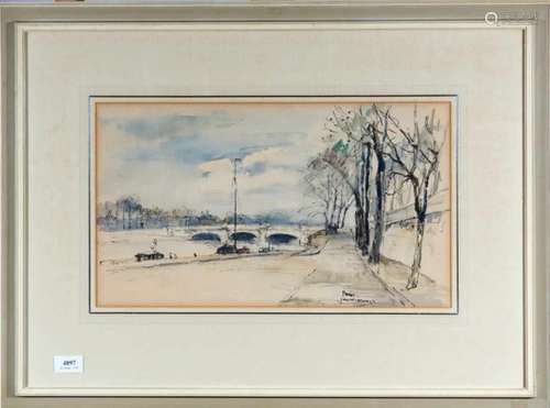 Jan Korthals (1916-1972)Kade aan de Seine, Parijs; inkt en aquarel; 27 x 47 cm.; gesign. r.o.; 1200