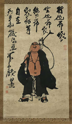 CHINESE SCROLL PAINTING OF LOHAN WITH CALLIGRAPHY