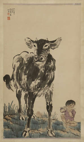 CHINESE SCROLL PAINTING OF BOY AND OX