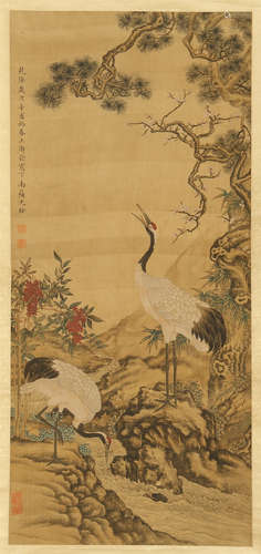 CHINESE SCROLL PAINTING OF CRANE UNDER PINE