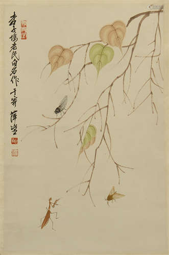 CHINESE SCROLL PAINTING OF INSECT AND LEAF