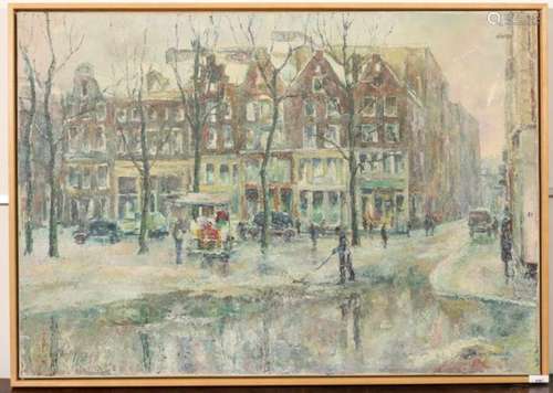 John van Deventer (1903-1952)Stadsgezicht Amsterdam; doek, beschadigd; 70 x 10 cm.; gesign. r.o.,