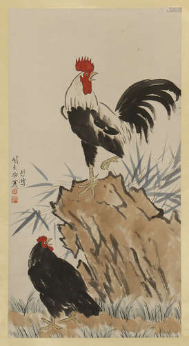 CHINESE SCROLL PAINTING OF ROOSTER ON ROCK