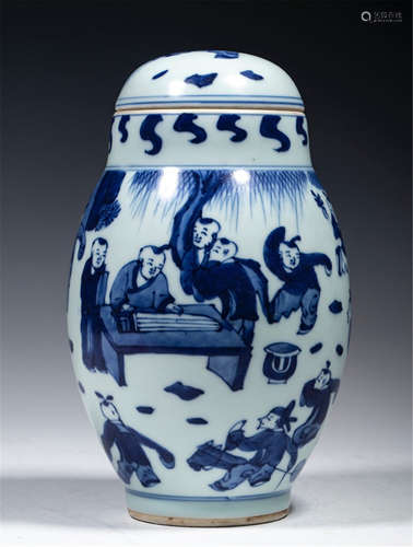 CHINESE PORCELAIN BLUE AND WHITE BOY PLAYING LIDDED JAR