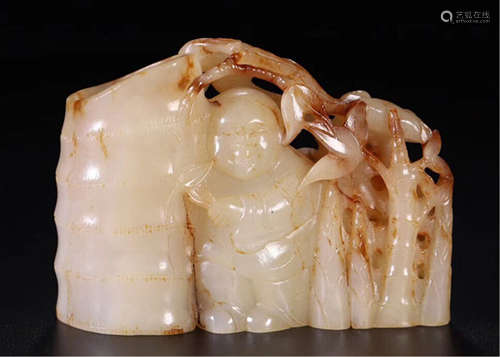 CHINESE WHITE JADE BOY AND BAMBOO TABLE ITEM