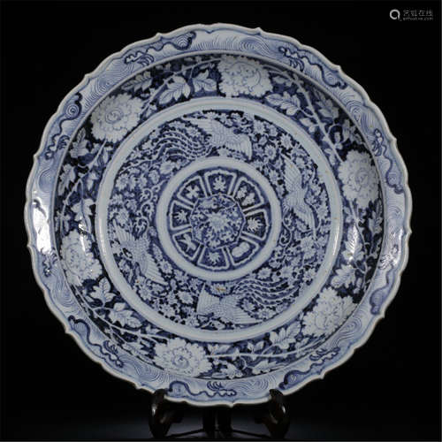 CHINESE PORCELAIN BLUE AND WHITE PHOENIX AND FLOWER CHARGER