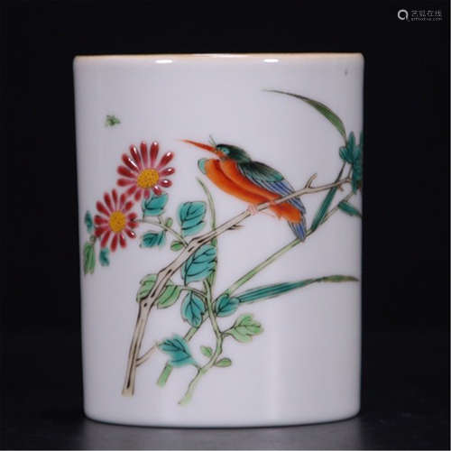 CHINESE PORCELAIN FAMILLE ROSE BIRD AND FLOWER BRUSH POT