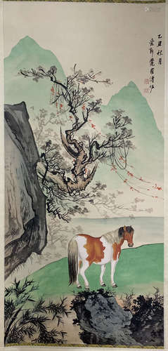 CHINESE SCROLL PAINTING OF HORSE IN MOUNTAIN