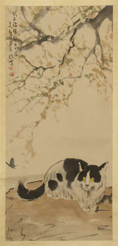 CHINESE SCROLL PAINTING OF CAT UNDER TREE