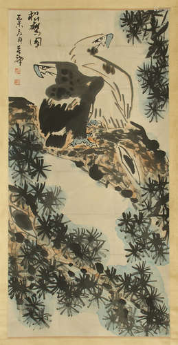 CHINESE SCROLL PAINTING OF EAGLE IN PINE