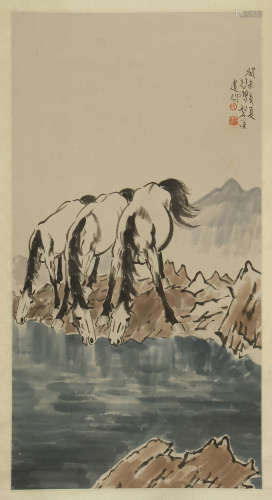 CHINESE SCROLL PAINTING OF HORSE BY RIVER