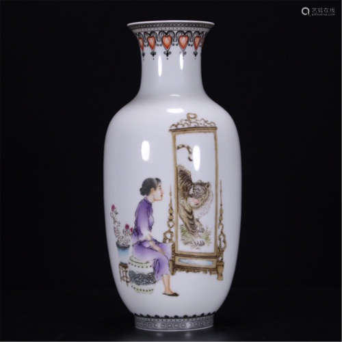 CHINESE PORCELAIN FAMILLE ROSE BEAUTY AND TIGER VASE