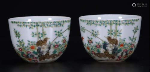 PAIR OF CHINESE PORCELAIN FAMILLE ROSE BIRD AND FLOEWR CUPS