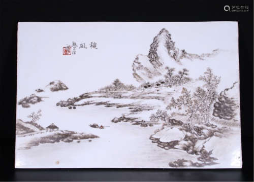 CHINESE PORCELAIN INK PAINTED MOUNTAIN VIEWS PLAQUE