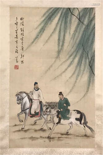 CHINESE SCROLL PAINTING OF HORSEMAN UNDER WILLOW