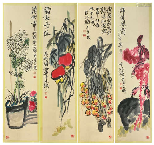 FOUR PANELS OF CHINESE SCROLL PAINTING OF FLOWER WITH CALLIGRAPHY
