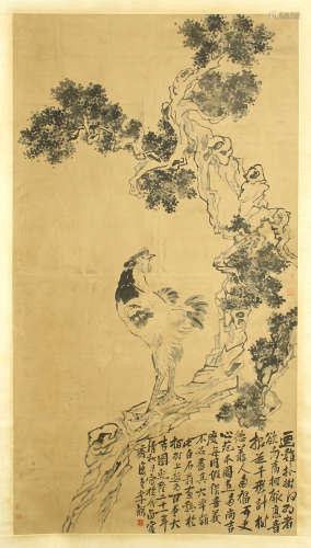 CHINESE SCROLL PAINTING OF ROOSTER ON TREE